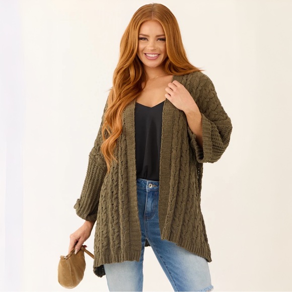 Umgee Sweaters - Umgee 3/4 Folded Sleeve Open Front Green Cable Knit Sweater Cardigan Size M/L